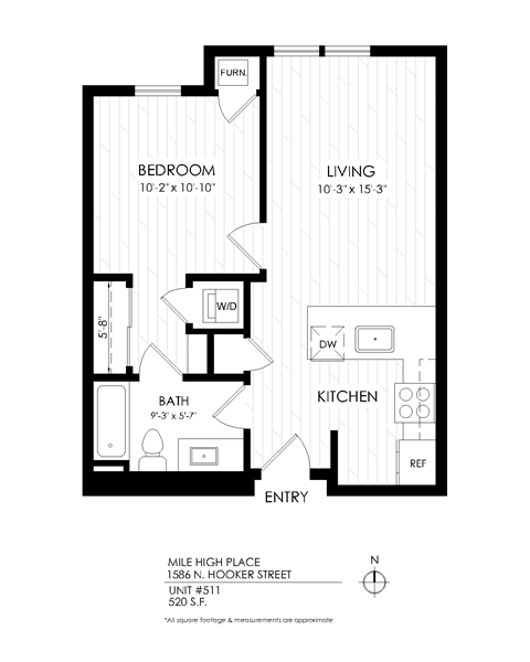 Floor plan for 1 bed, 1 bath, 520 sqft